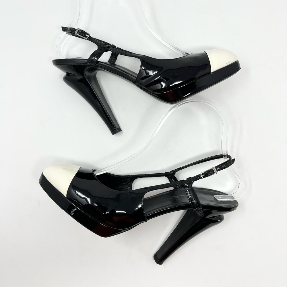Chanel Black White Patent Leather Cap Toe Two Tone Slingback Heels Pumps 41 11 - Picture 3 of 11